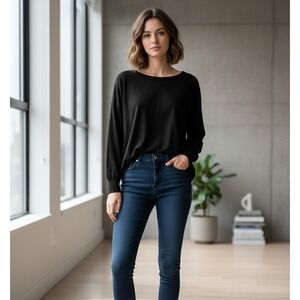 NWT UEU Women's Medium Black Boat-Neck Long-Sleeve Sweat-Shirt Casual Wear